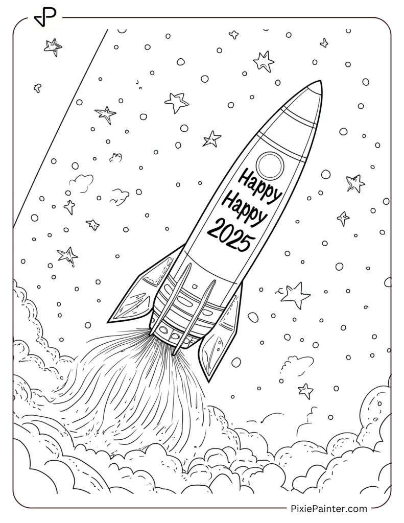 New Year's Eve Coloring Pages of Rocket launching into the sky with Happy 2025