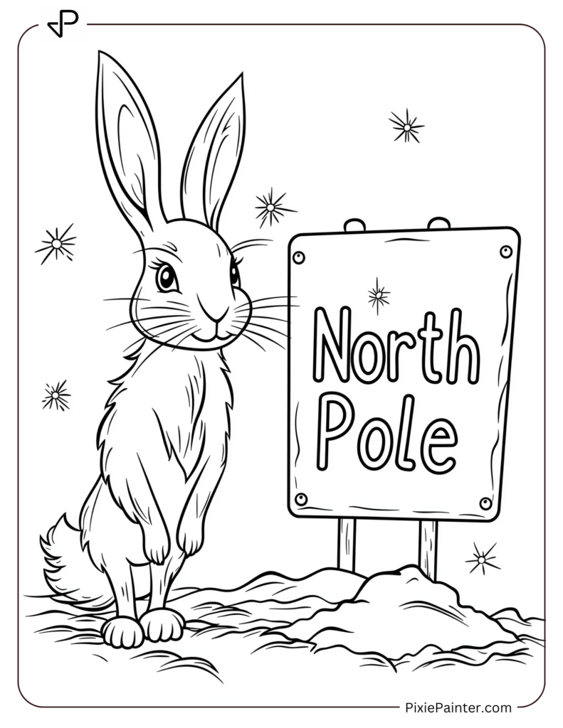 Arctic Hare Near North Pole Sign