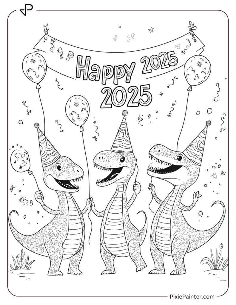 Cute New Year Coloring Pages With Three Dinosaurs, Party Hats, And Happy 2025 Banner