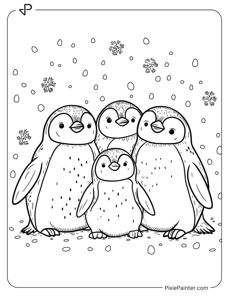 Penguin Family Huddled with Snowflakes