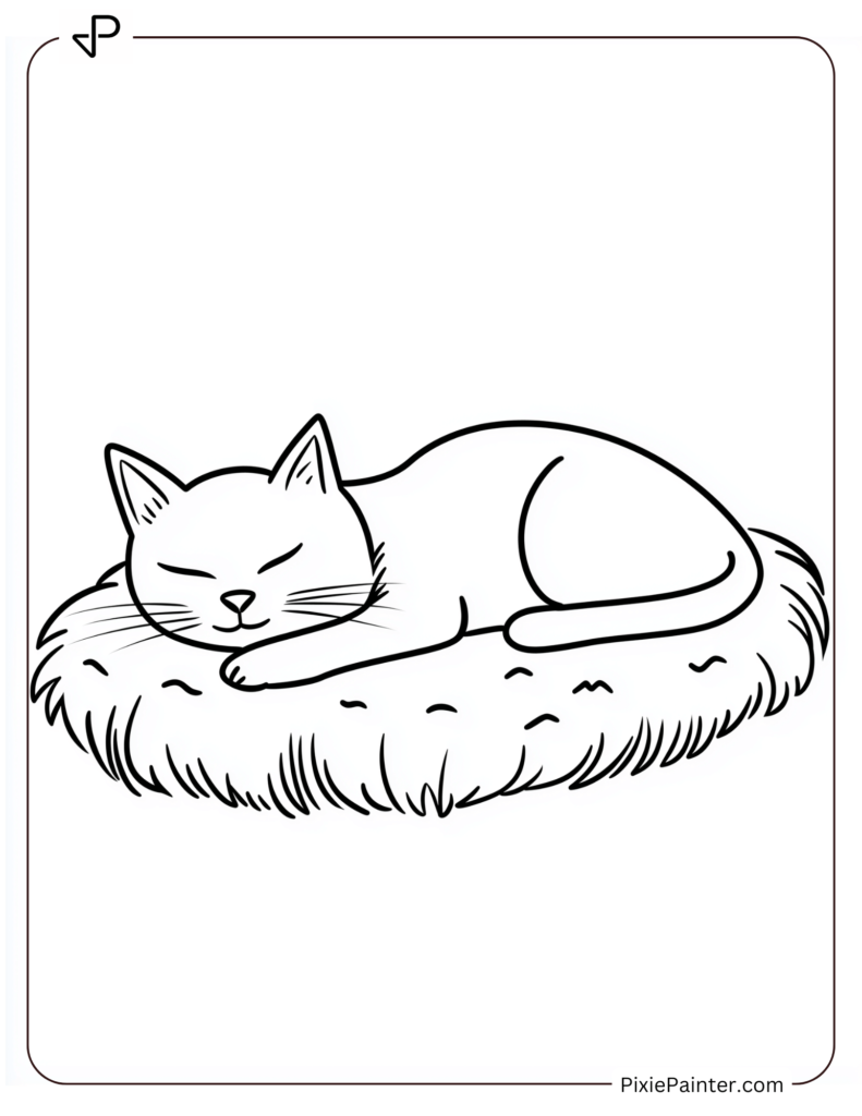 January Coloring Page Where A Cat Curled Up and Napping On A Soft Rug