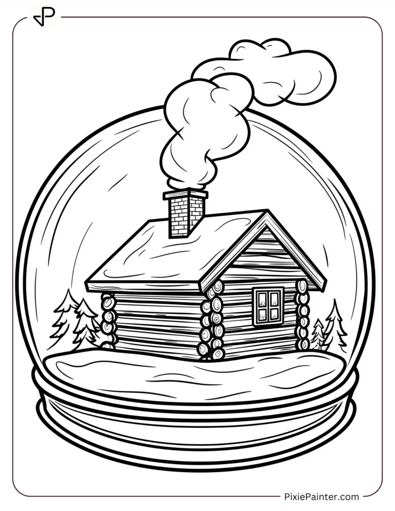 Coloring Page Where A Cozy Log Cabin With Chimney Smoke Swirling Inside A Snow Globe