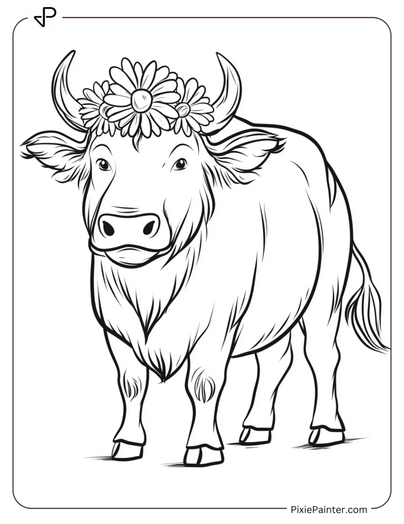 Chinese New Year Coloring Page Where A Majestic Ox Adorned With A Crown Of Fresh Flowers