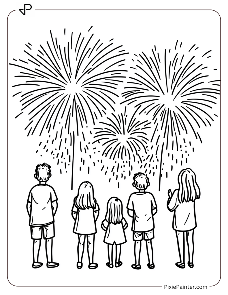 New Year Coloring Pages For Kids Where A Simple Scene Of People Watching Fireworks