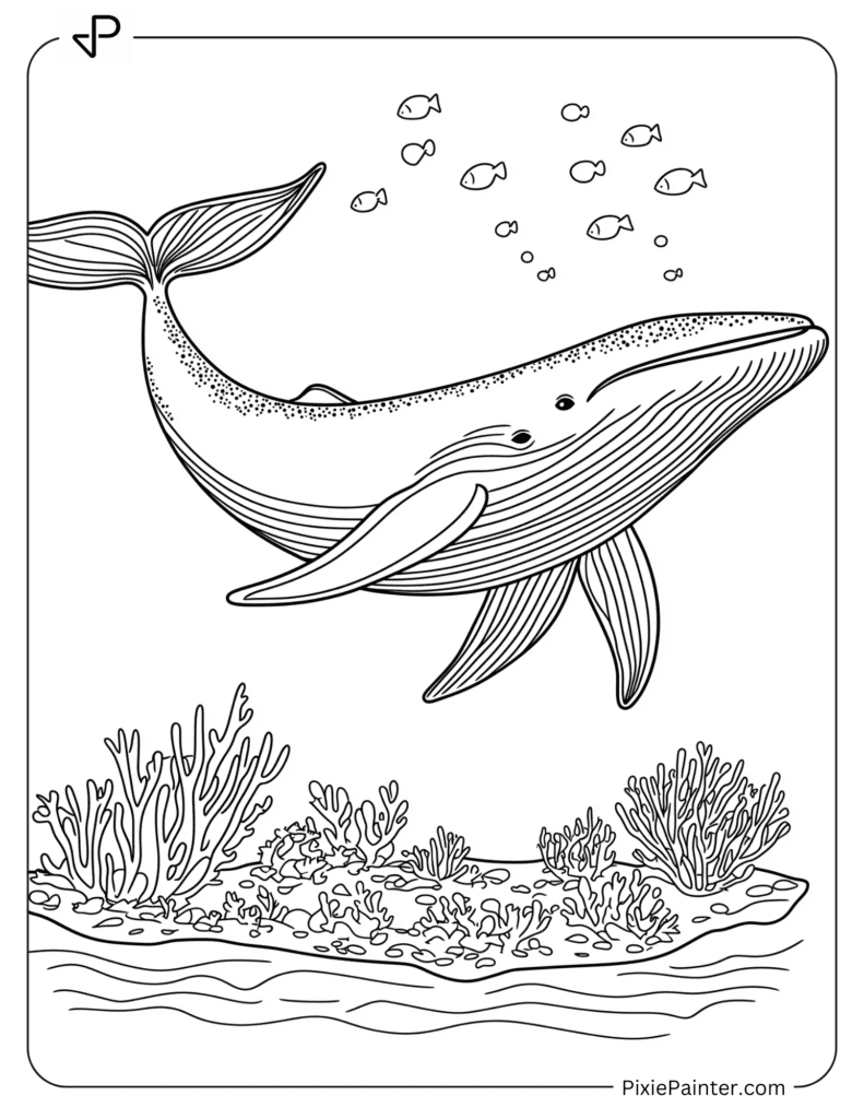 A Whale With Simple Coral Shapes On The Ocean Floor Below It