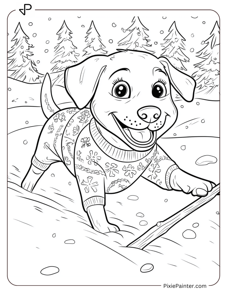 A cheerful dog wearing a winter sweater, playing in the snow with a stick