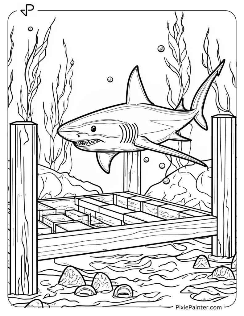 Coloring Page of A Shark Swimming Through an Underwater Obstacle Course