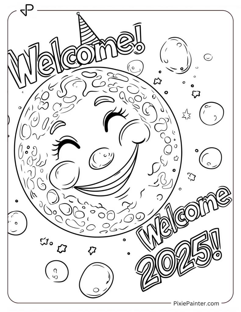 A Smiling Moon in a Party Hat Saying, Welcome 2025!