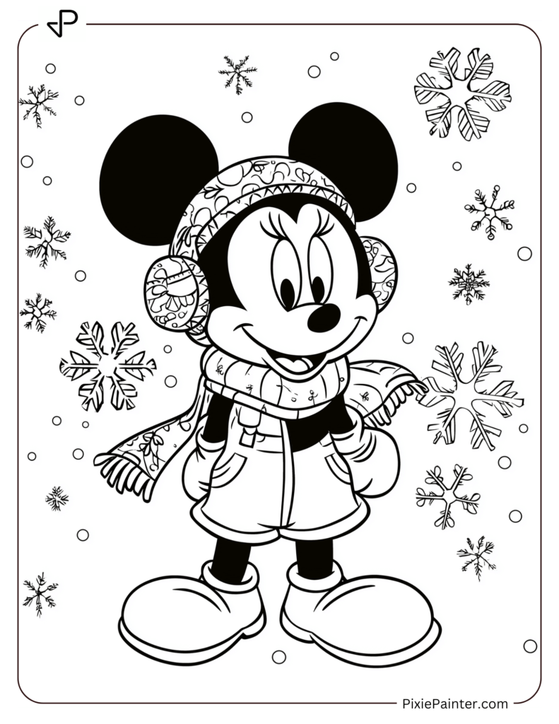 Minnie Mouse in Earmuffs and Scarf with Falling Snowflakes