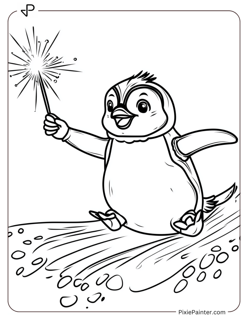 New Year's Eve Coloring Pages of Penguin sliding on ice with a sparkler