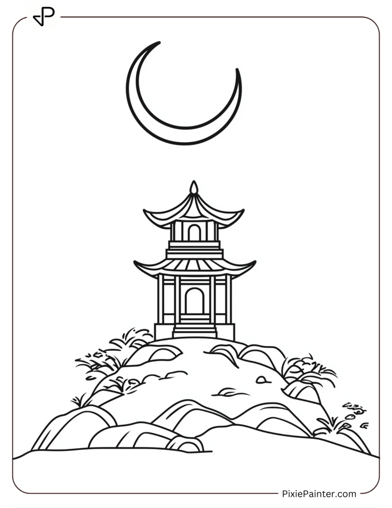 Small Pagoda on a Hill Under a Crescent Moon