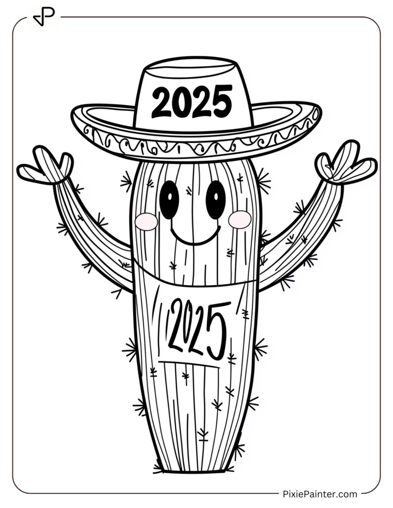 Cute New Year Coloring Pages With A Cactus In A Sombrero And 2025