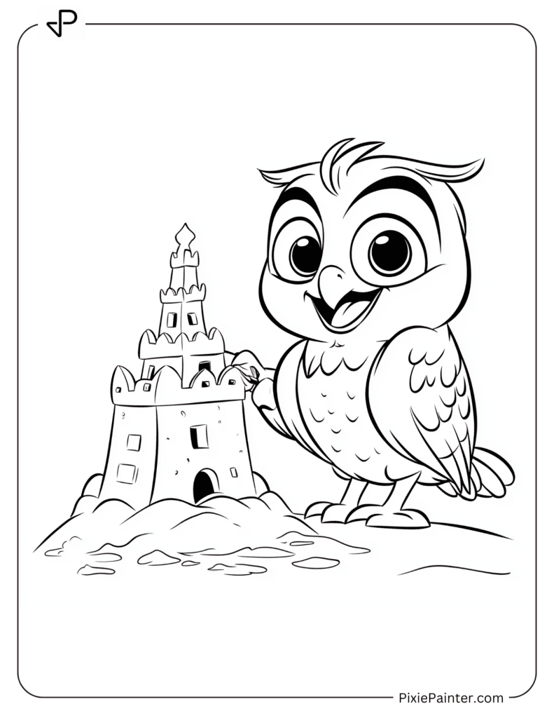 Cheerful Owl Building A Sandcastle On A Beach