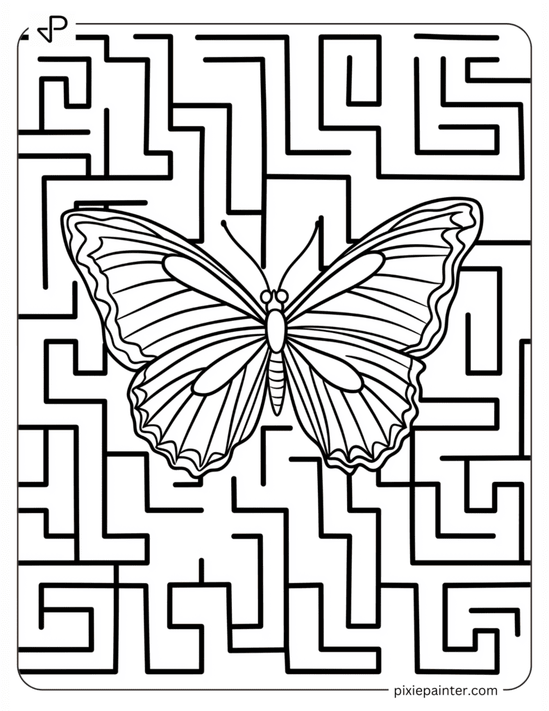 Coloring Page of A Butterfly Flying Through a Simple Maze Pattern