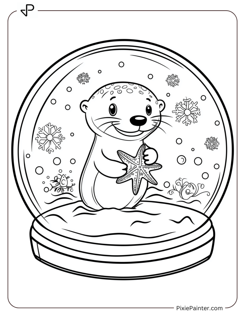 A Cheerful Otter Holding A Starfish Surrounded By Snowflakes Inside A Snow Globe