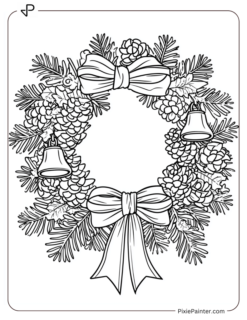 A festive holiday wreath with bells, ribbons, and snow-covered pinecones