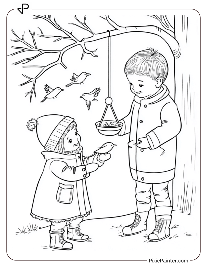 15. Babies Feeding Birds in Winter