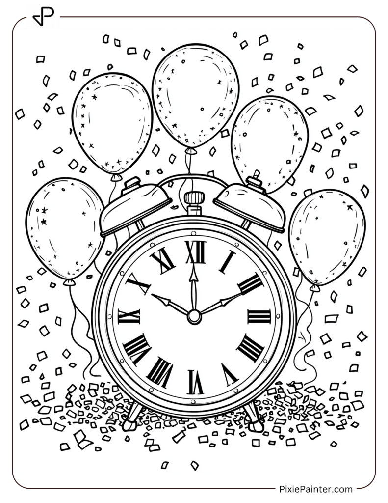 New Year's Eve Coloring Pages of Countdown clock framed by confetti and balloons