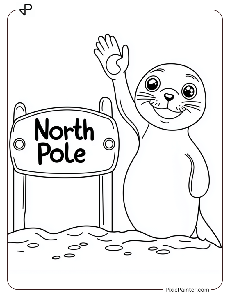 Baby Seal Waving Near North Pole Sign