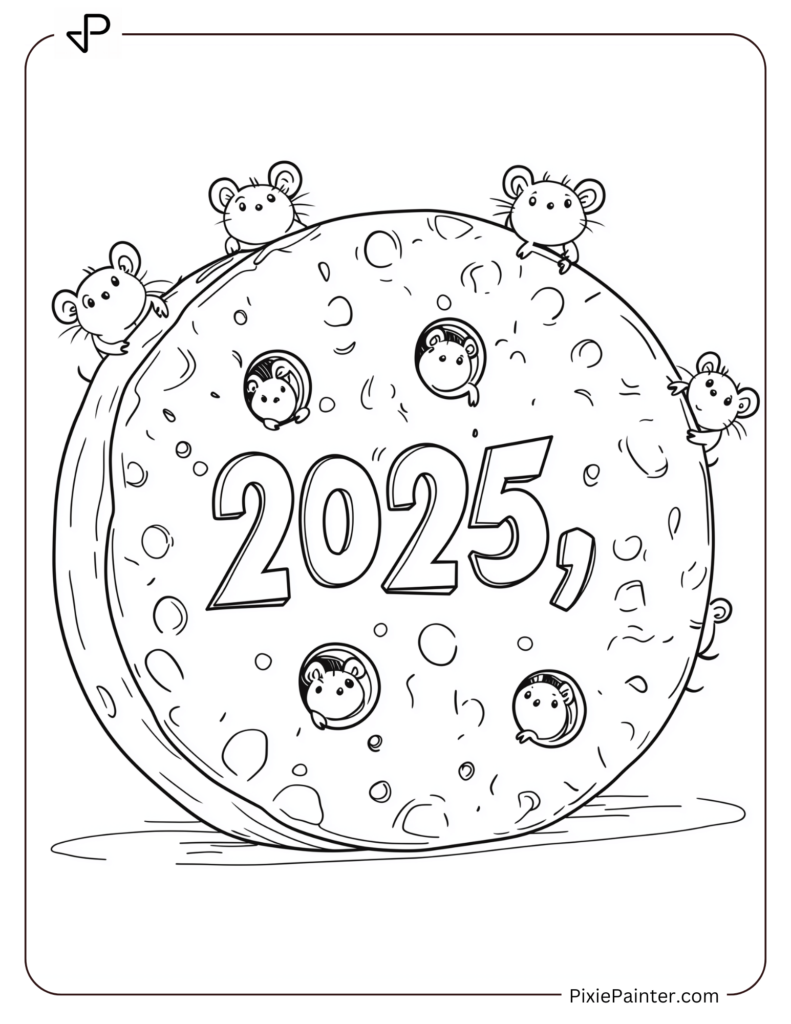 Cute New Year Coloring Pages With A Cheese Wheel And Mice Forming 2025