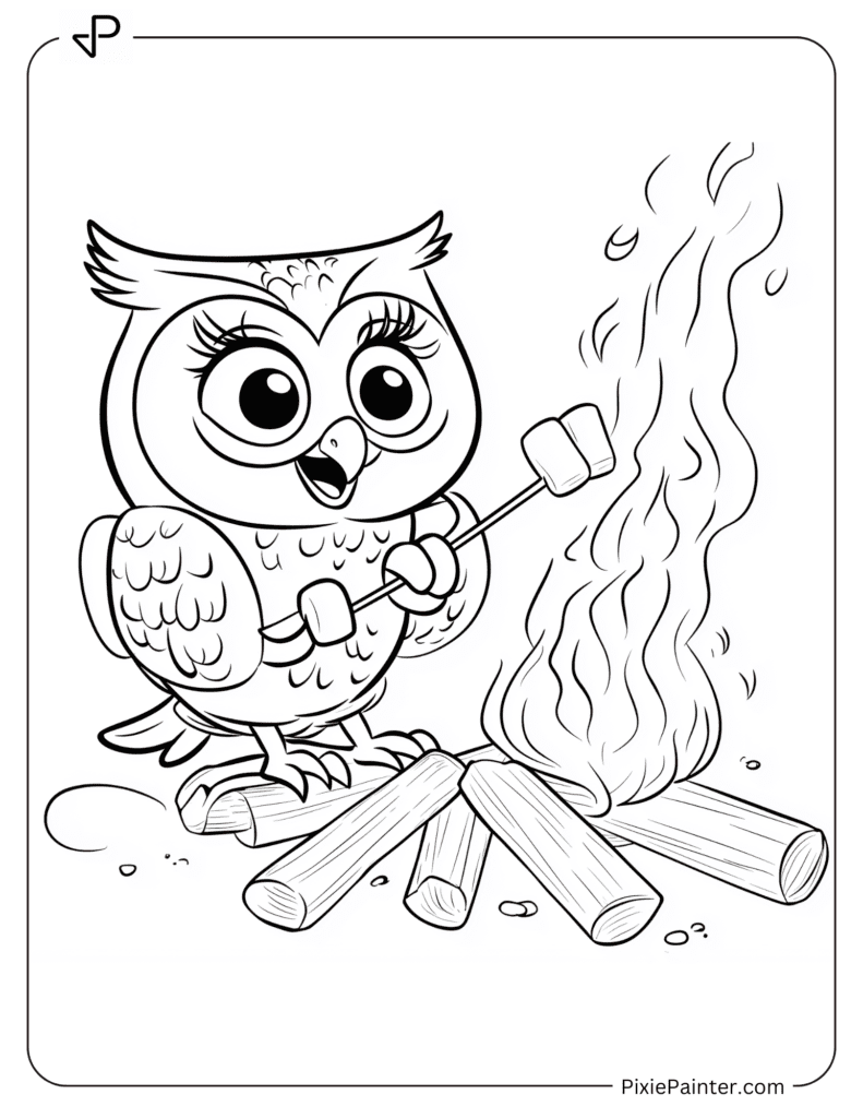 Curious Owl Roasting Marshmallow Over Campfire