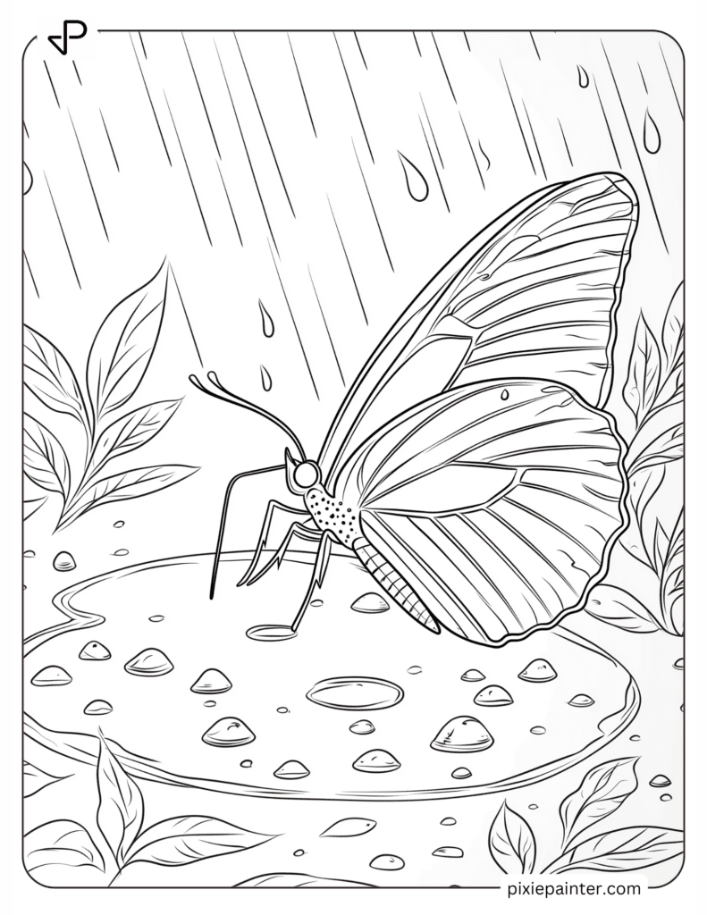 A Butterfly Near a Rain Puddle with Raindrops