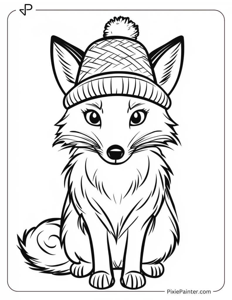 January Coloring Page Where A Fox Wearing A Winter Hat, Exploring The Snowy Ground