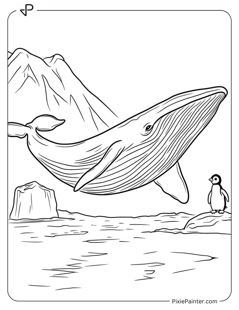 Coloring Page of A Whale With A Small Penguin Standing On An Iceberg Nearby