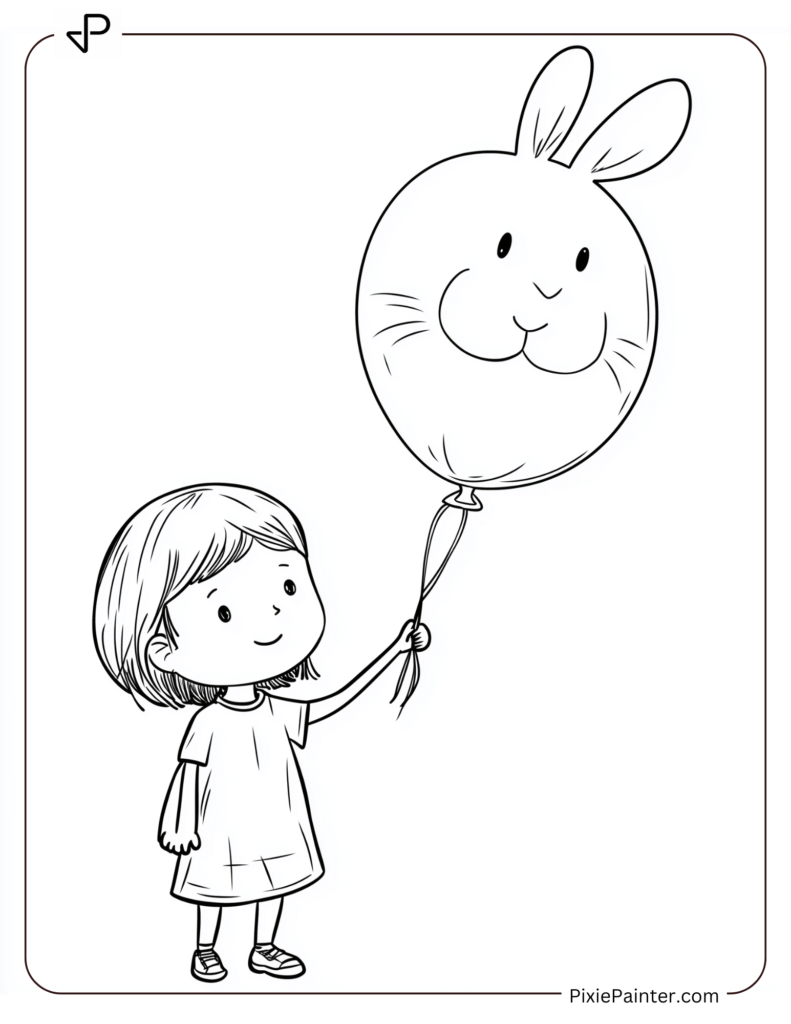 Chinese New Year Coloring Page Where A Young Child Holding A Balloon Shaped Like A Rabbit