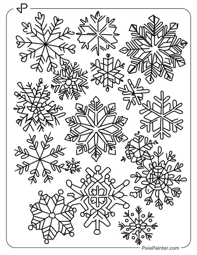 A group of snowflakes in various geometric patterns, arranged in a symmetrical design