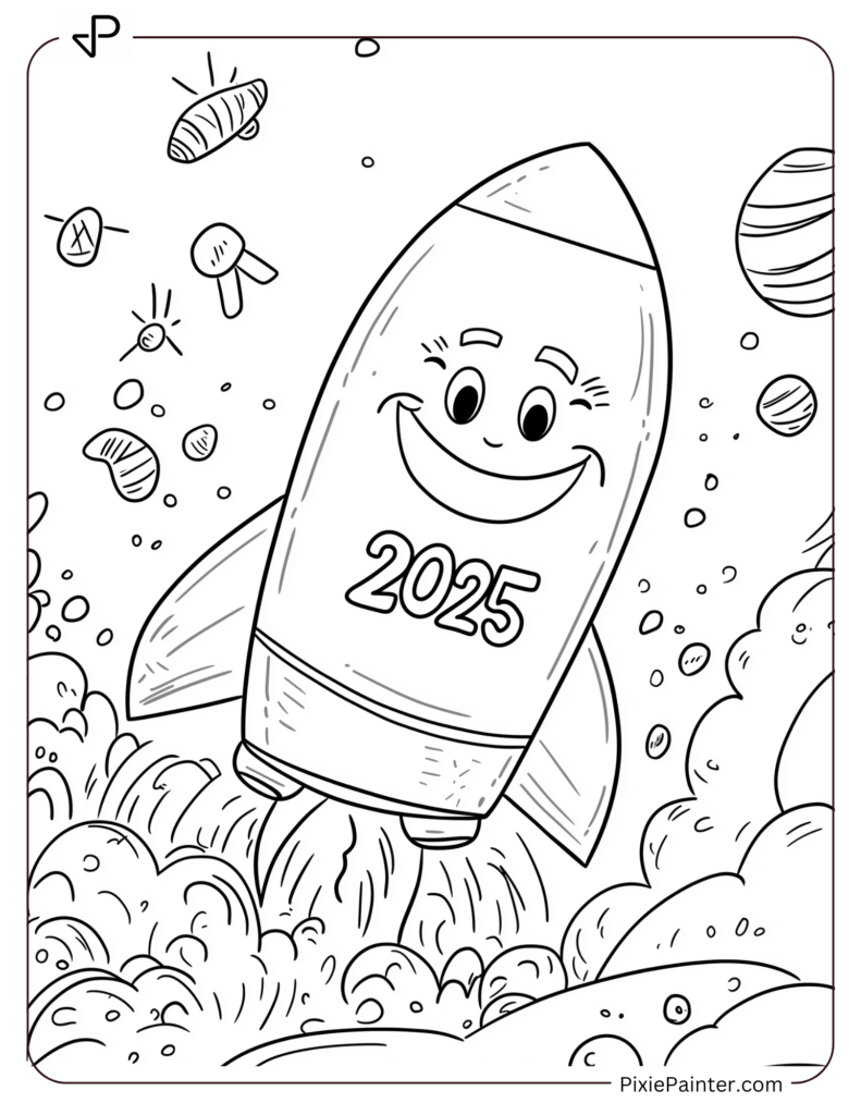 A Smiling Rocket Blasting Off With 2025 on Its Side