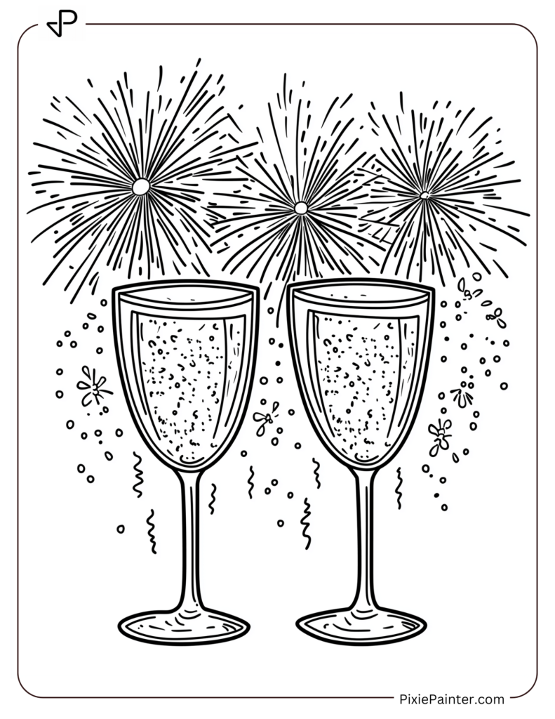 Champagne Glasses With Fireworks Bursting Behind Them