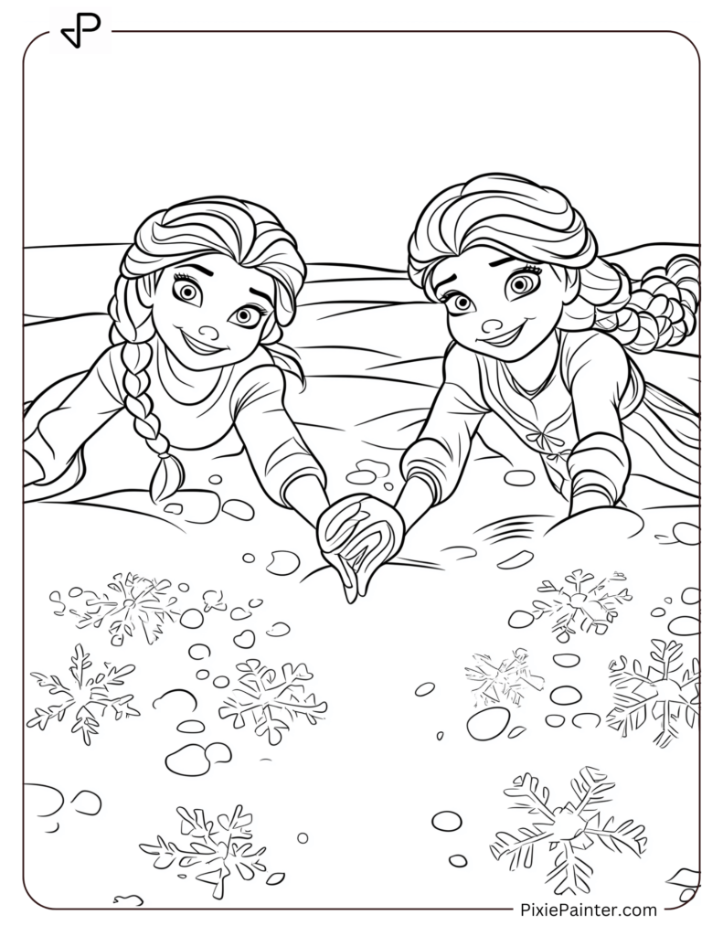 Winter Disney Coloring Page of Elsa and Anna Making Snow Angels Together