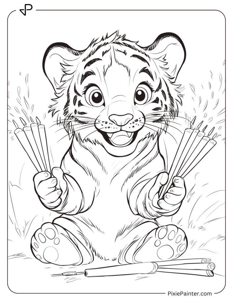 Lunar New Year Coloring Page of A Smiling Tiger Cub Playing With Firecrackers