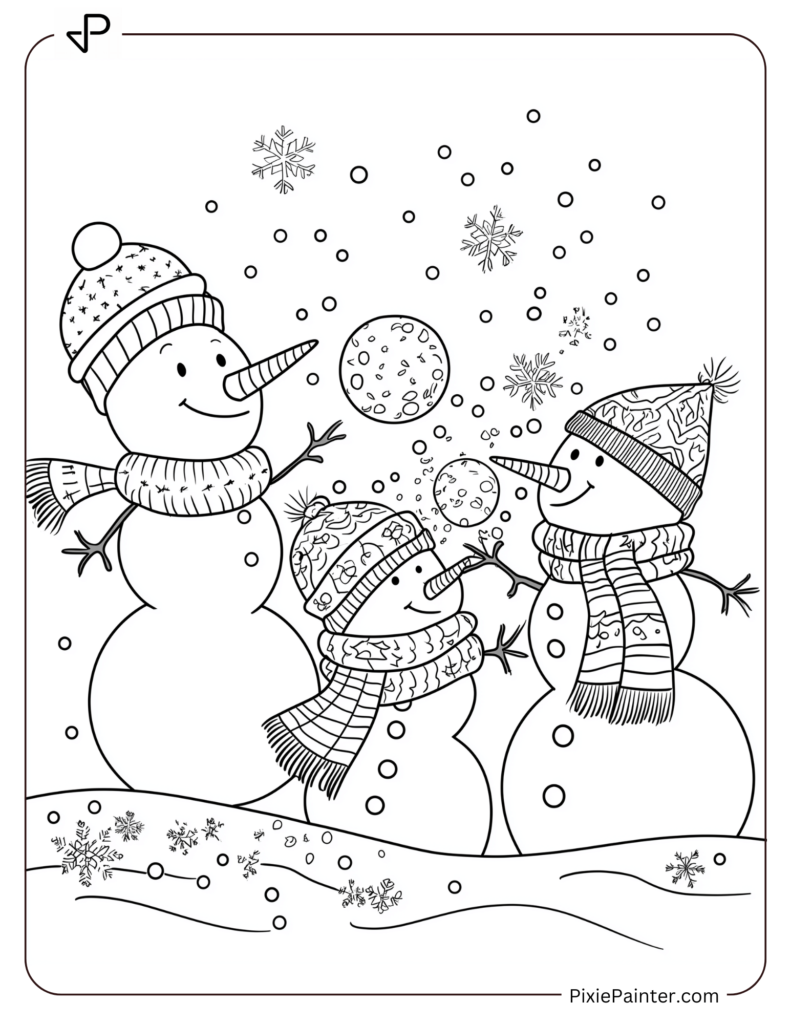 16. Snowman Family Having A Snowball Fight