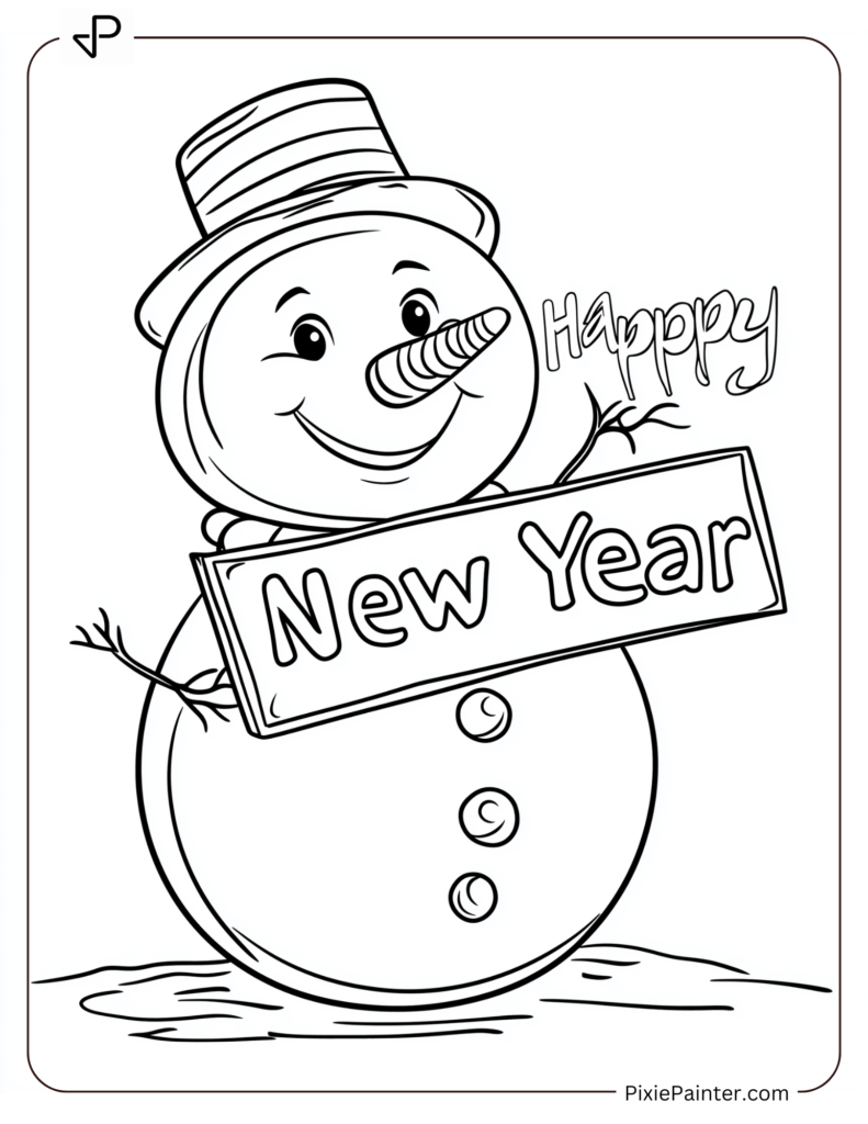 New Year's Eve Coloring Pages of Snowman holding a Happy New Year sign