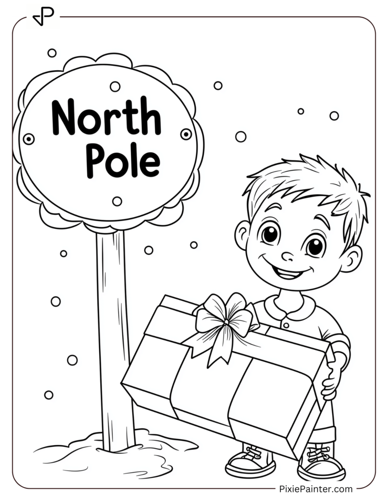 Boy Holding a Gift Box Near North Pole