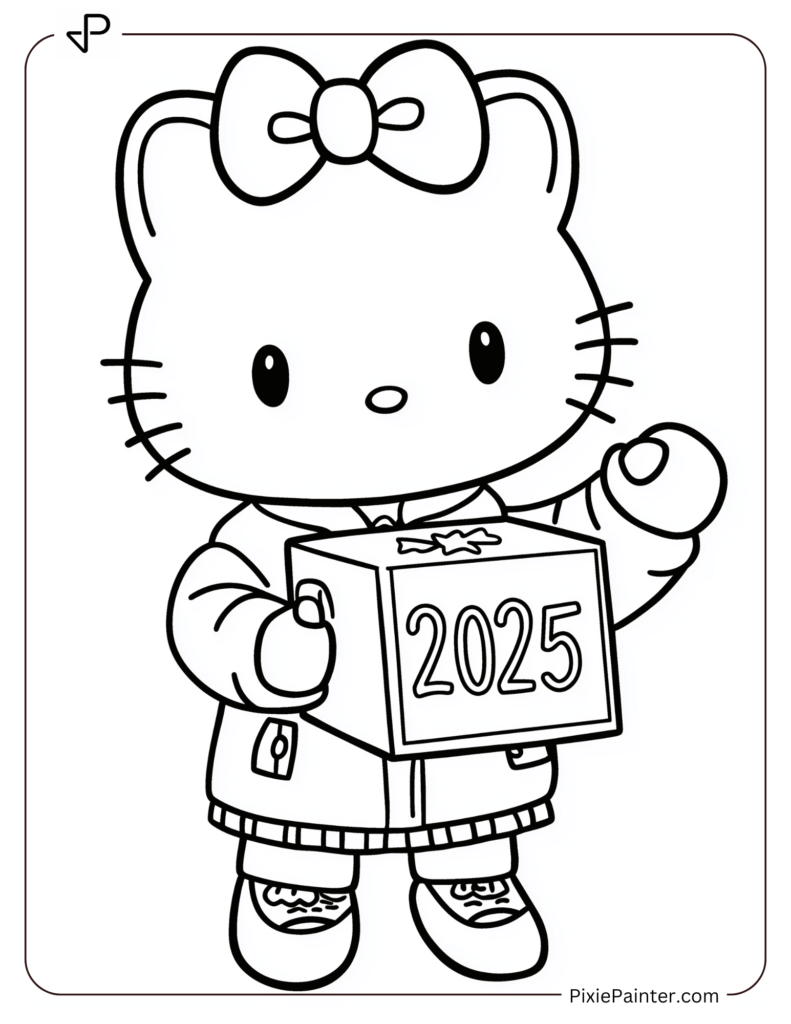 Cute New Year Coloring Pages With Hello Kitty Holding A 2025 Gift Box