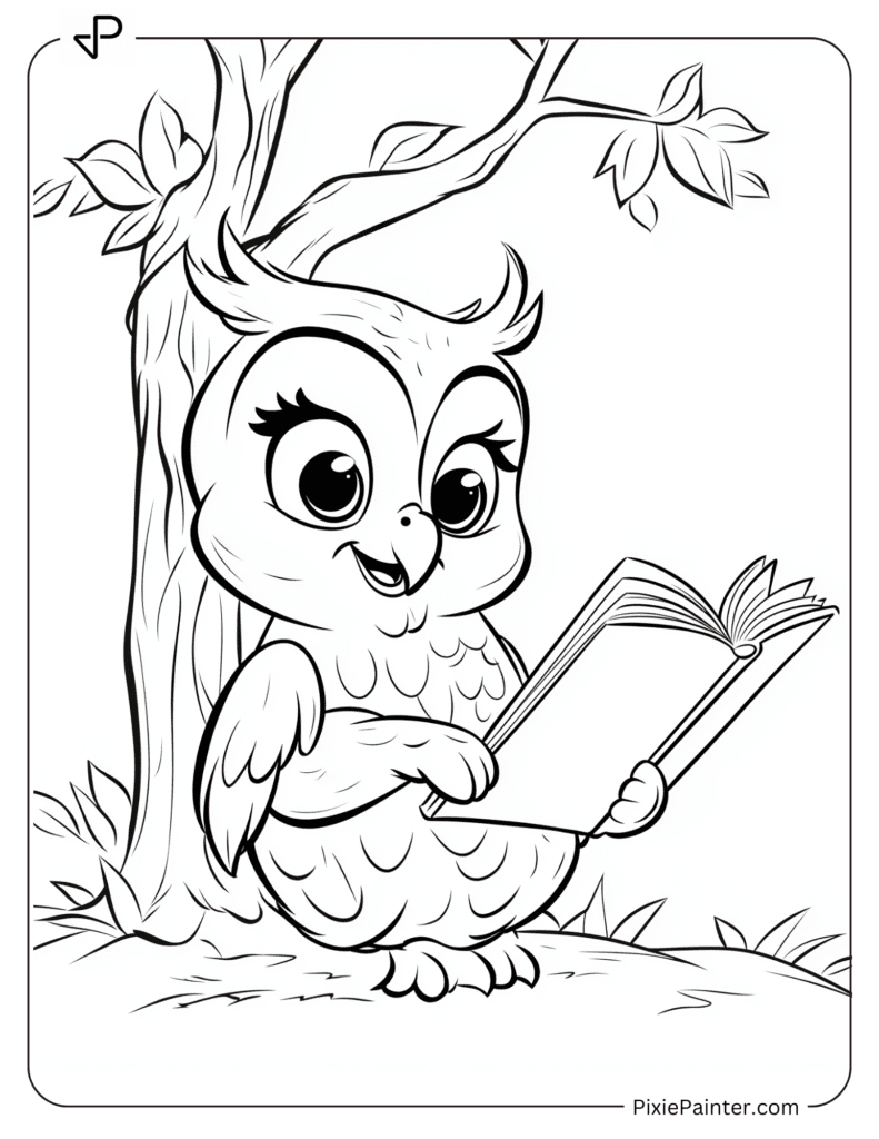 Owl Reading A Book Under A Tree