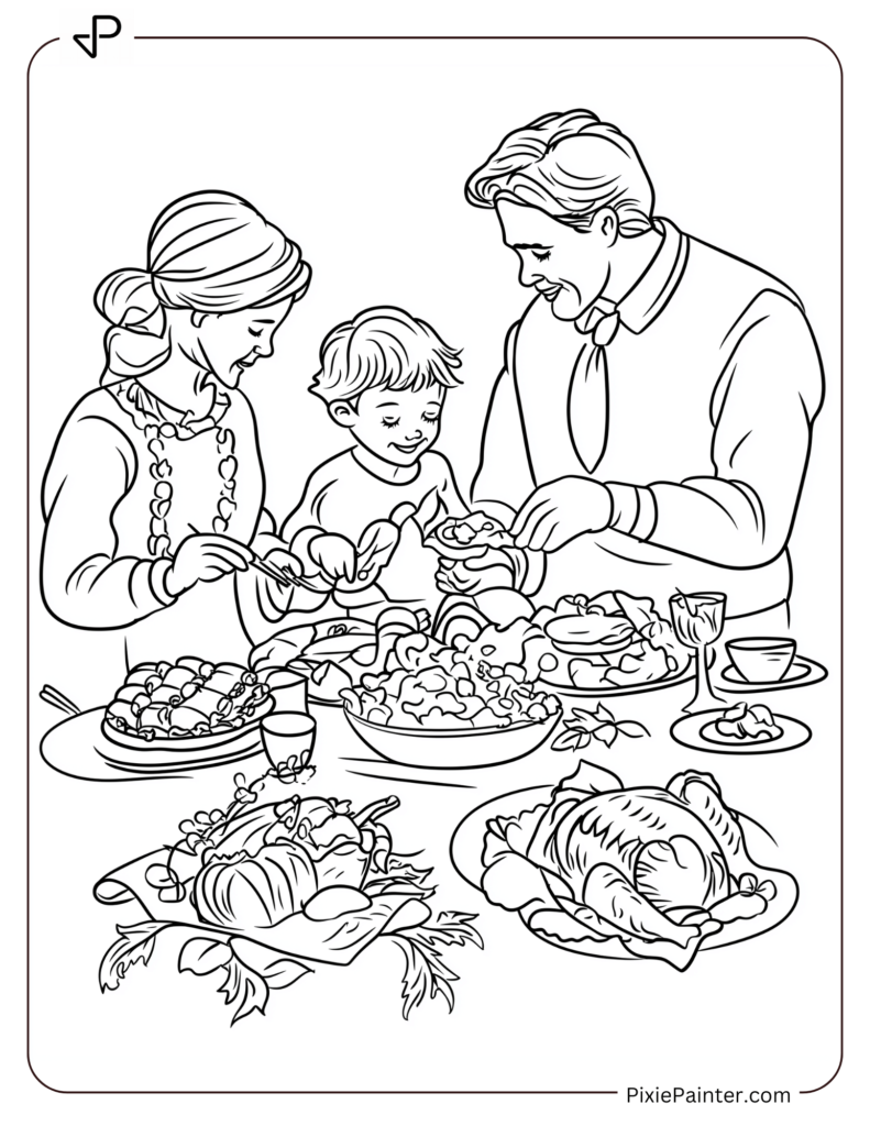 Chinese New Year Coloring Page Where A Family Gathered Together, Enjoying A Festive Feast