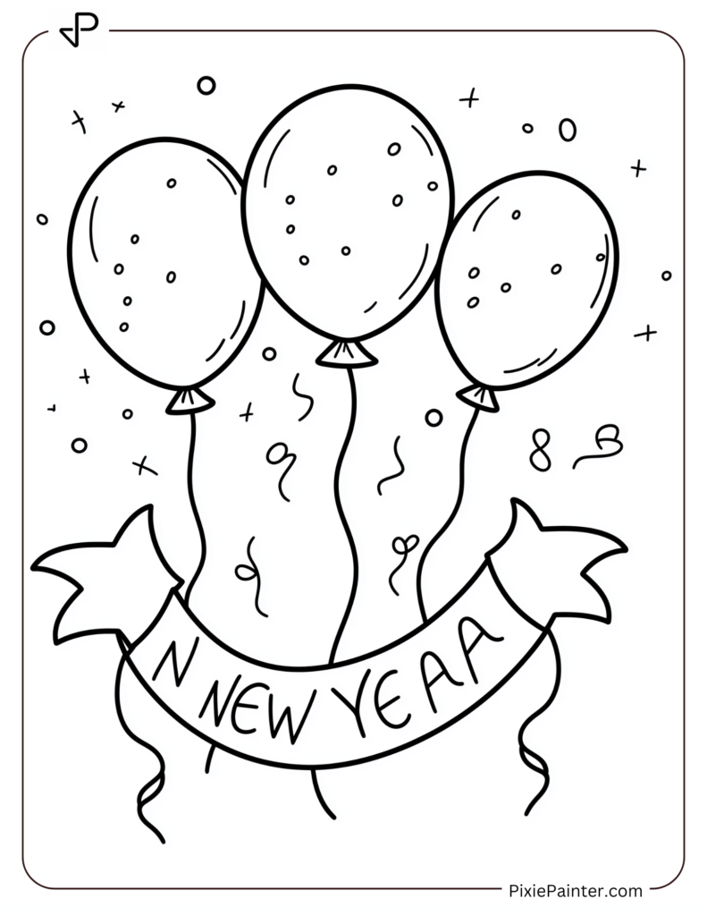 New Year Coloring Pages For Kids Where A New Year Banner With Balloons And Streamers