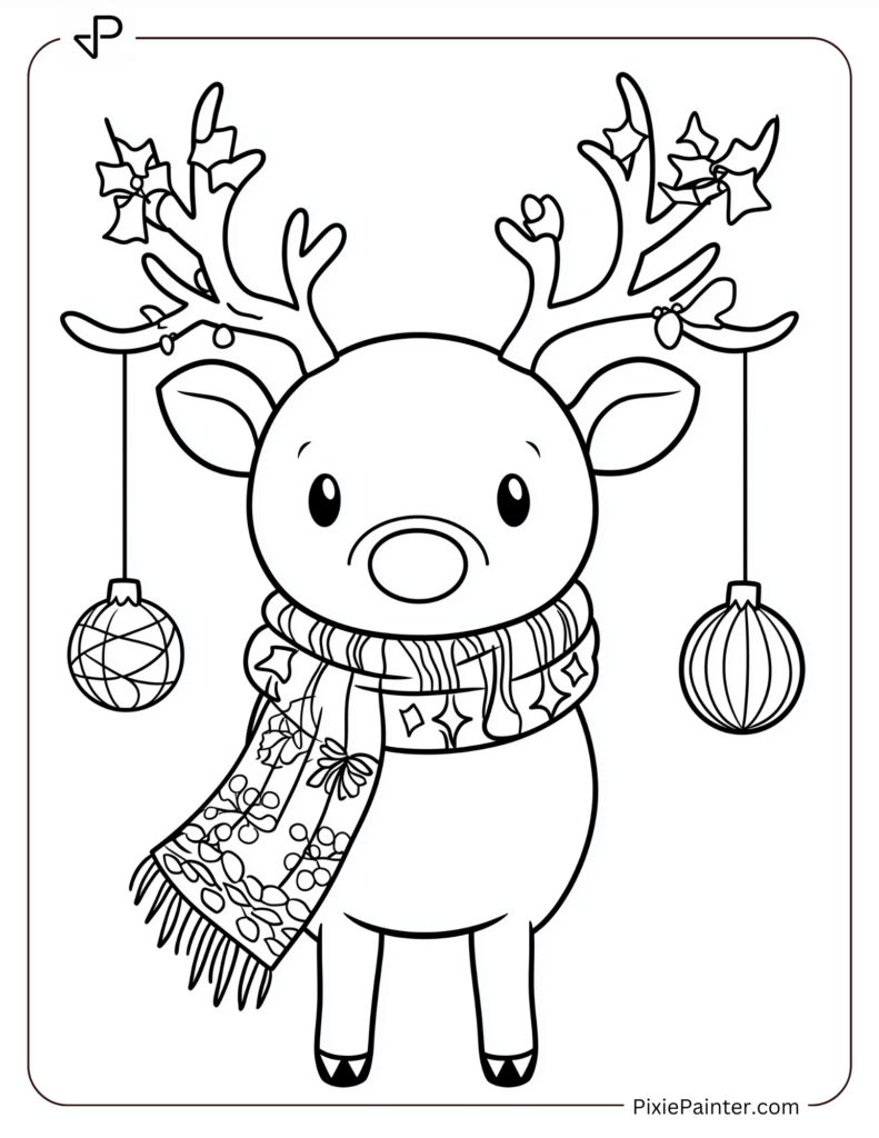 A kawaii-style reindeer wearing a scarf and antlers decorated with ornaments