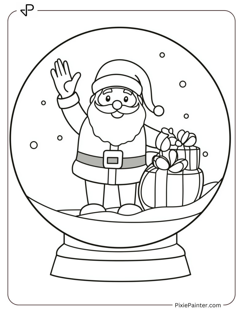 Coloring Page Where Santa Claus Waving With A Sack Of Gifts Inside A Snow Globe