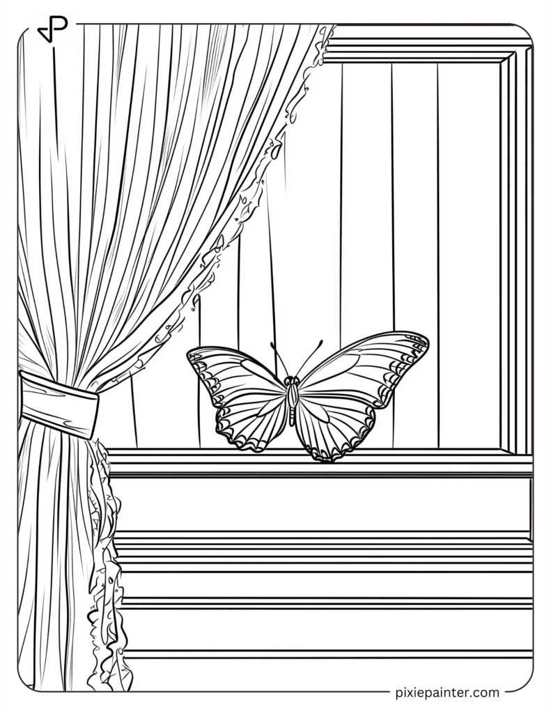A Butterfly Perched on a Windowsill with a Curtain