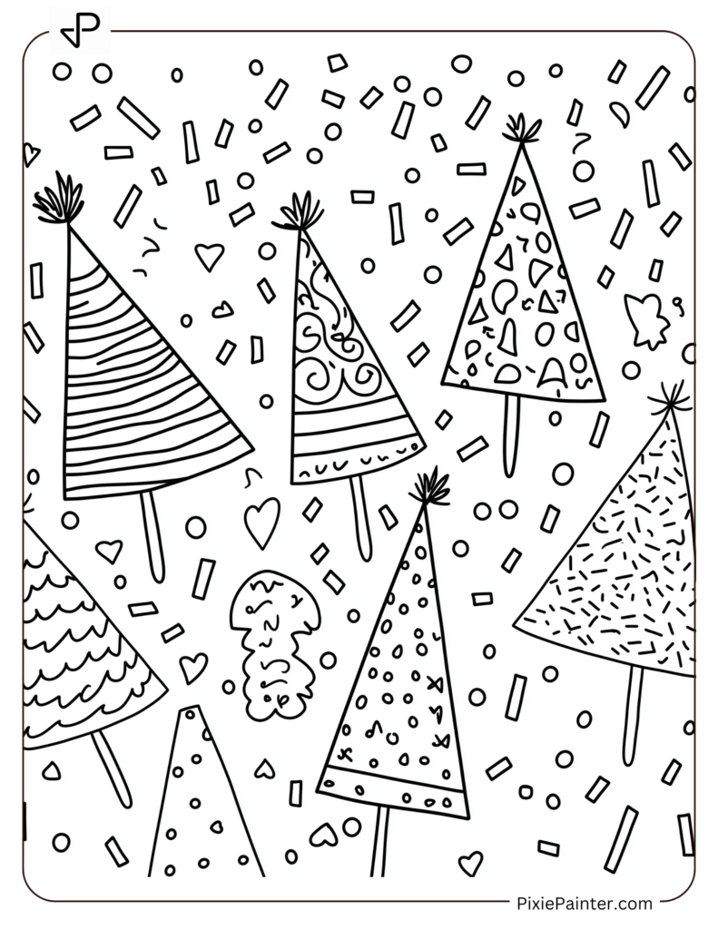 New Year Coloring Pages For Kids Where A Scene With Confetti And Celebratory Hats