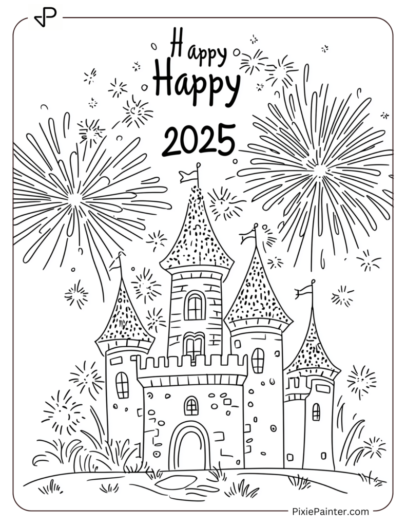 A Small Castle With Fireworks and Happy 2025