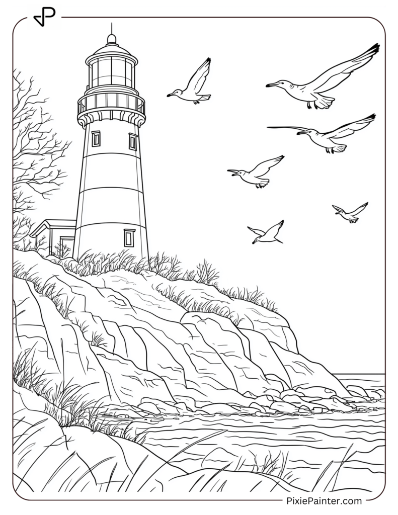 Winter Coloring Page for Adults of A snow-covered lighthouse on a cliff overlooking a frozen sea, with seagulls flying above