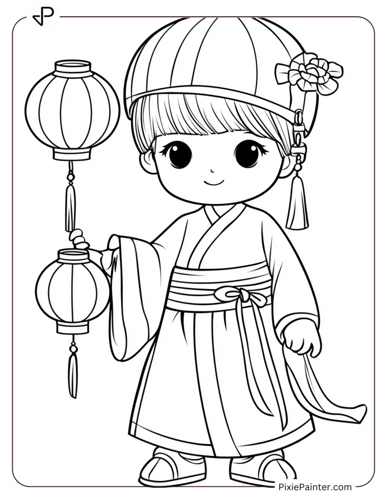 Lunar New Year Coloring Page of A Child in Traditional Clothing Holding a Lantern