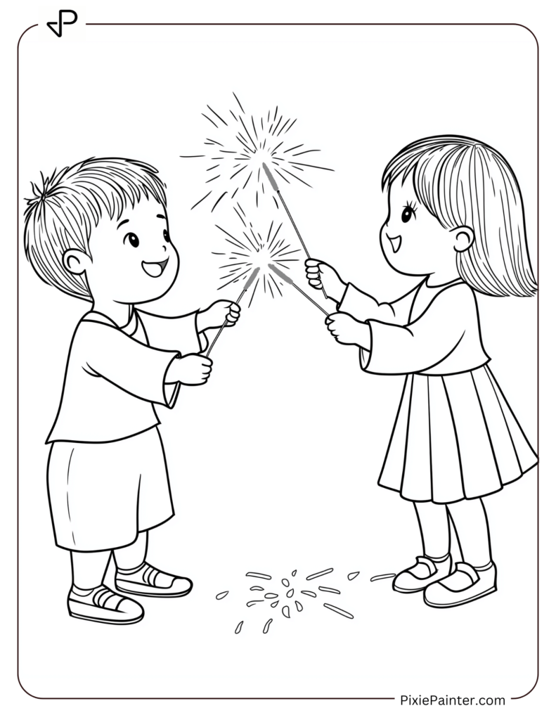 Chinese New Year Coloring Page Where Children Joyfully Playing With Bright Sparklers