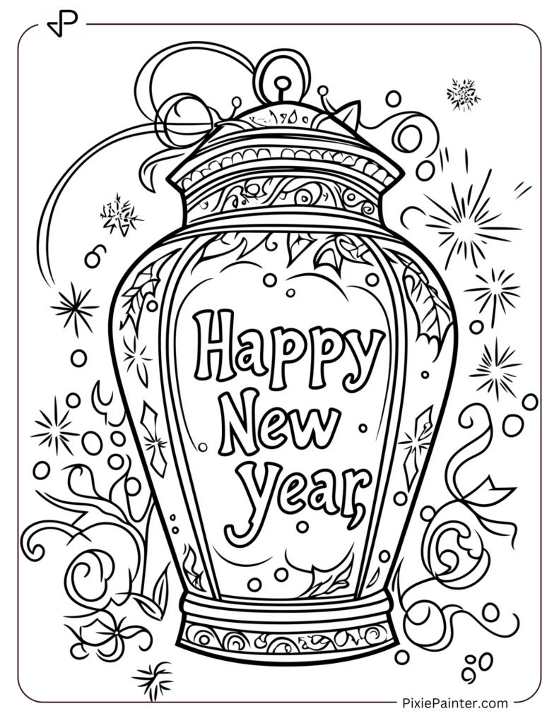 New Year's Eve Coloring Pages of Festive lantern glowing Happy New Year